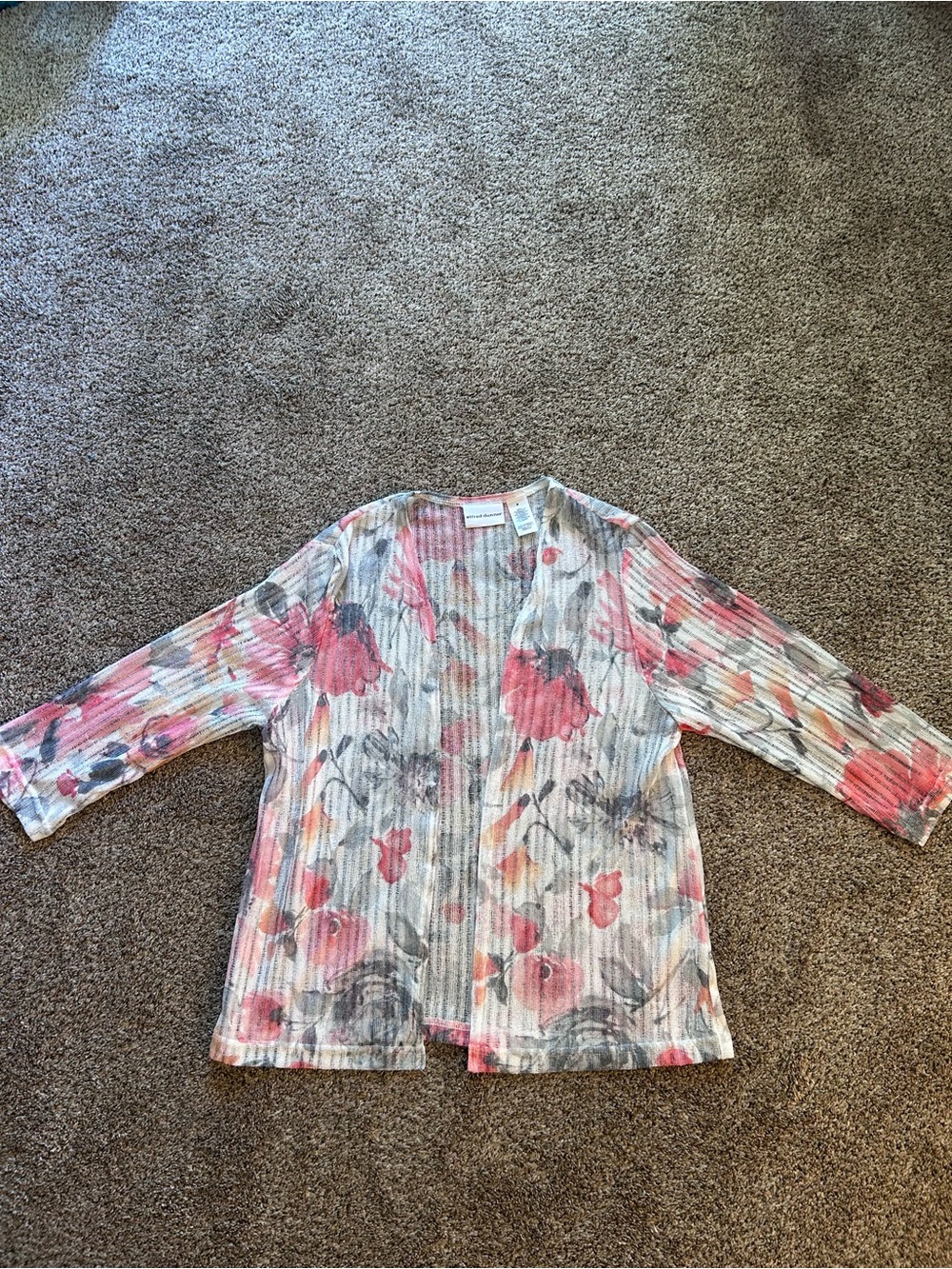 Alfred Dunner Sheer Floral Open Cardigan in Pink, Gray & Cream